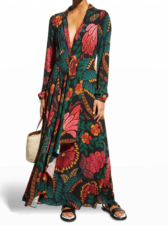 FARM Rio Dresses & Skirts - Farm Rio - Plunging Long-Sleeve Floral Maxi Dress